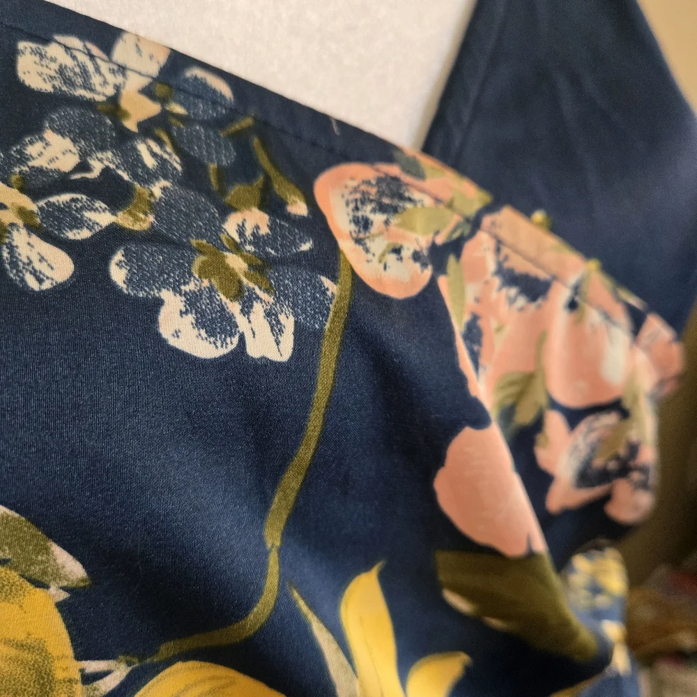 Floral Navy V Neck Slip Dress Satin Feel - Picture 2 of 9